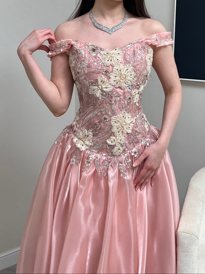 Off-the-Shoulder Floral Applique Ball Gown