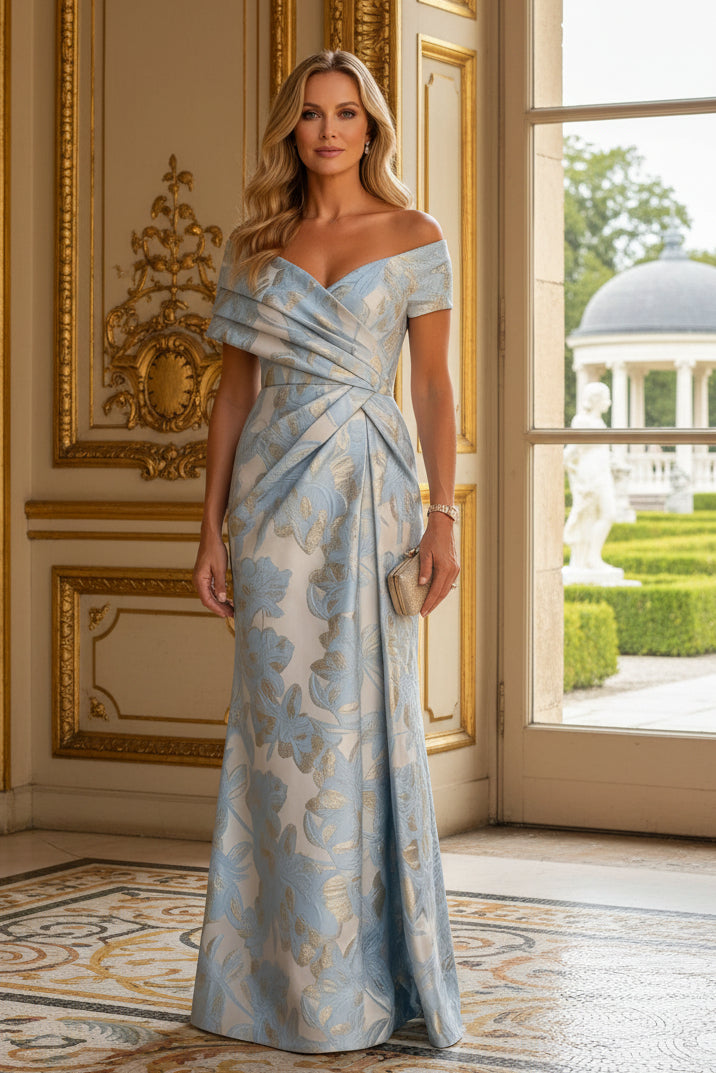 Pleated Off-the-Shoulder Floral Jacquard Gown