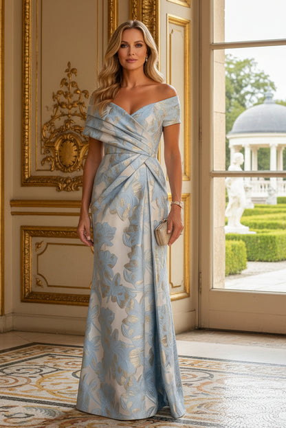 Pleated Off-the-Shoulder Floral Jacquard Gown