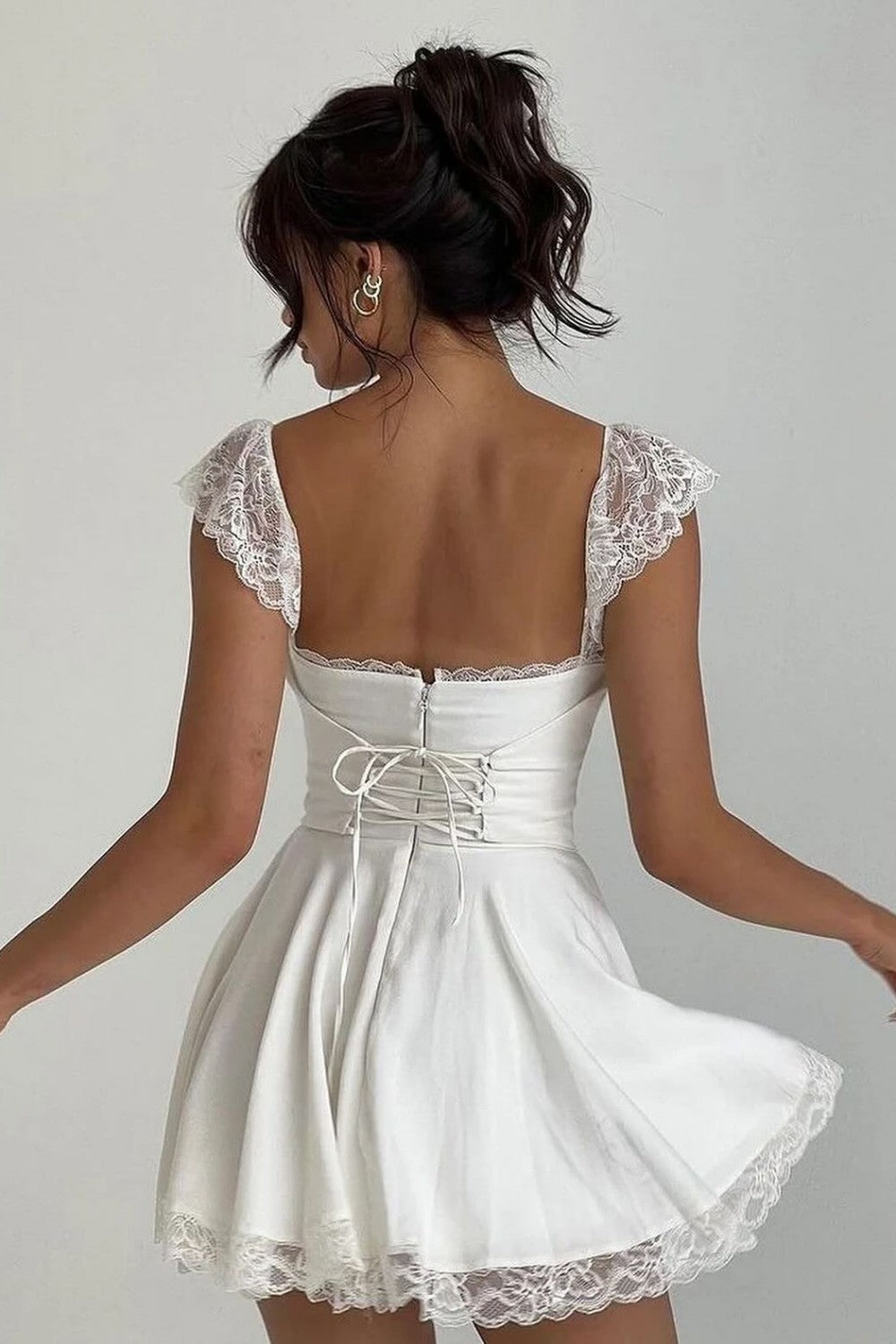 Lace-Up Satin A-Line Mini Dress with Lace Trim