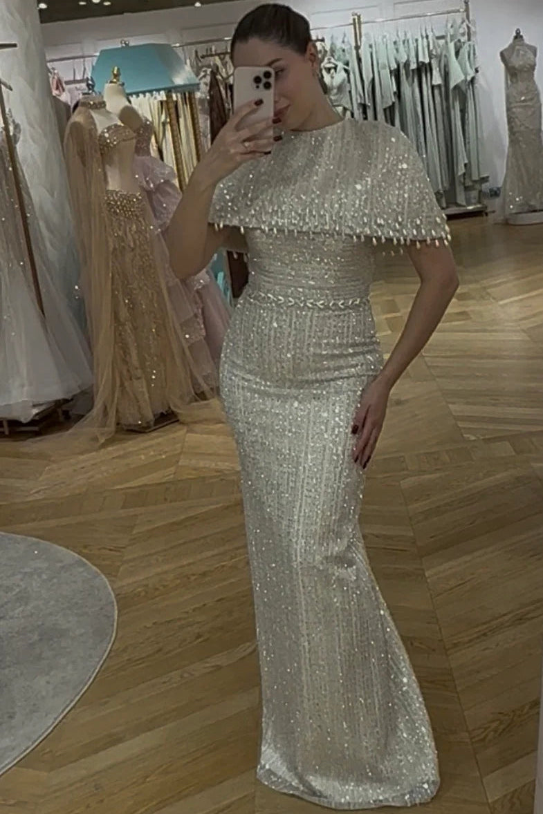 Sequined Cape Column Evening Gown