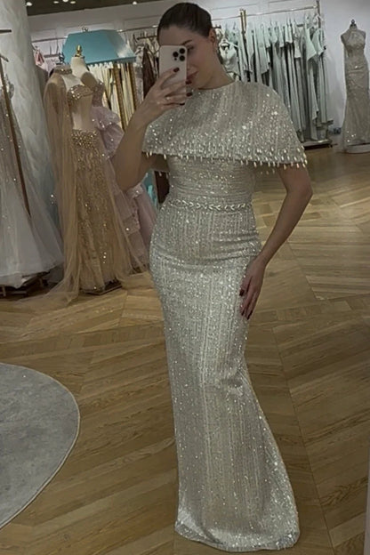 Sequined Cape Column Evening Gown