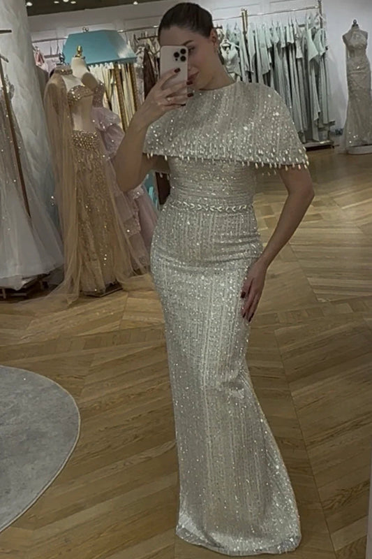 Sequined Cape Column Evening Gown