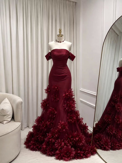 Off-the-Shoulder 3D Floral Mermaid Evening Gown