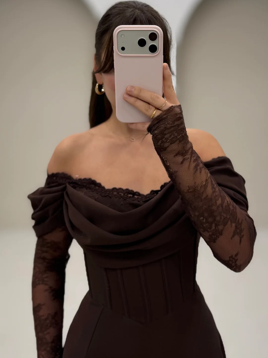 Off-Shoulder Lace Sleeve Corset Gown