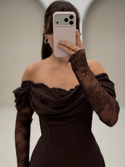 Off-Shoulder Lace Sleeve Corset Gown