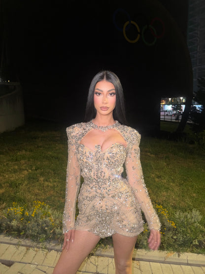 Rhinestone Embellished Cut-Out Mini Dress