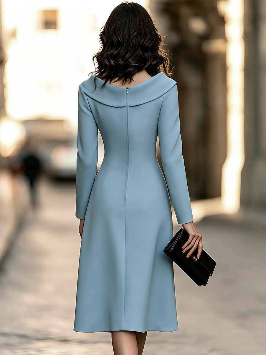 Foldover Collar Midi Dress with Front Buttons