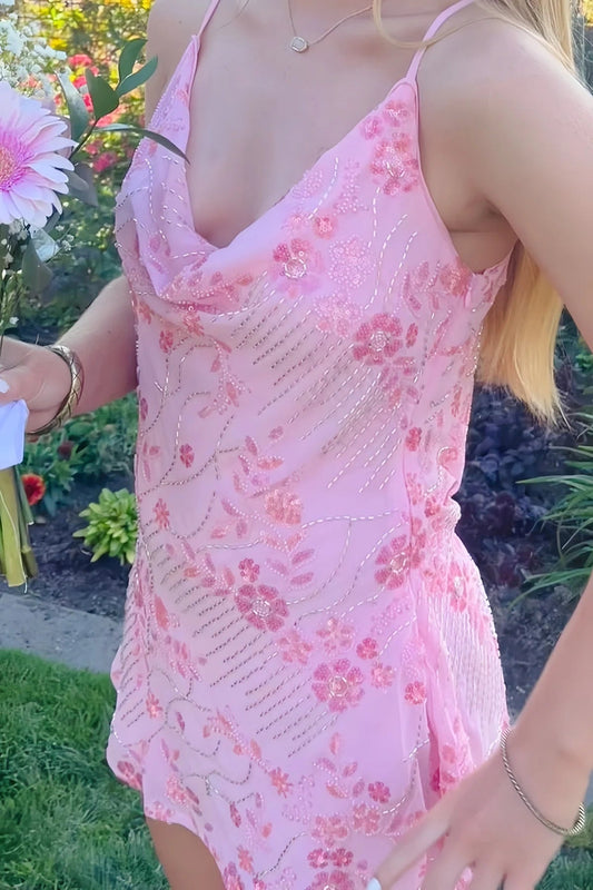 Floral Beaded Cowl Neck Mini Dress