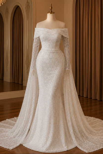 Off-Shoulder Beaded Mermaid Gown with Cape Train
