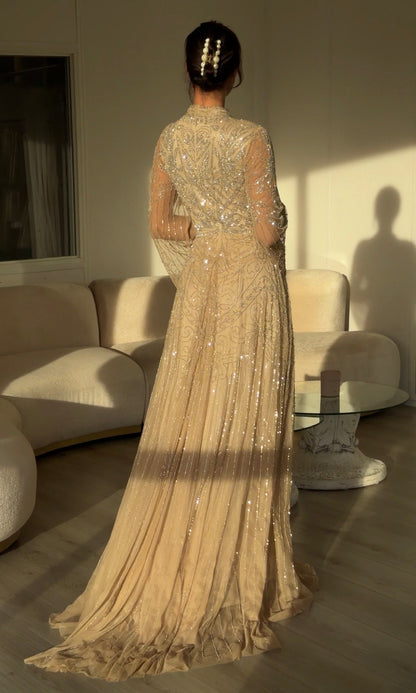 High Neck Sequin Embellished Long Sleeve Gown