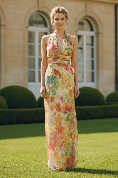Floral Halter Backless Maxi Dress