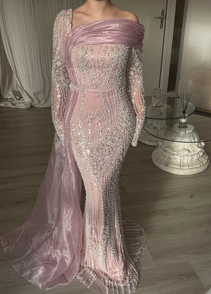 Beaded Asymmetrical Evening Gown with Drape