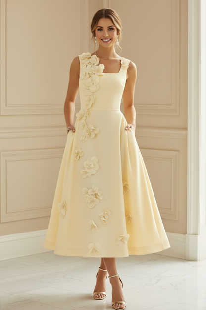 3D Floral A-Line Midi Dress with Pockets