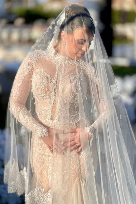 High-Neck Illusion Lace Mermaid Wedding Dress