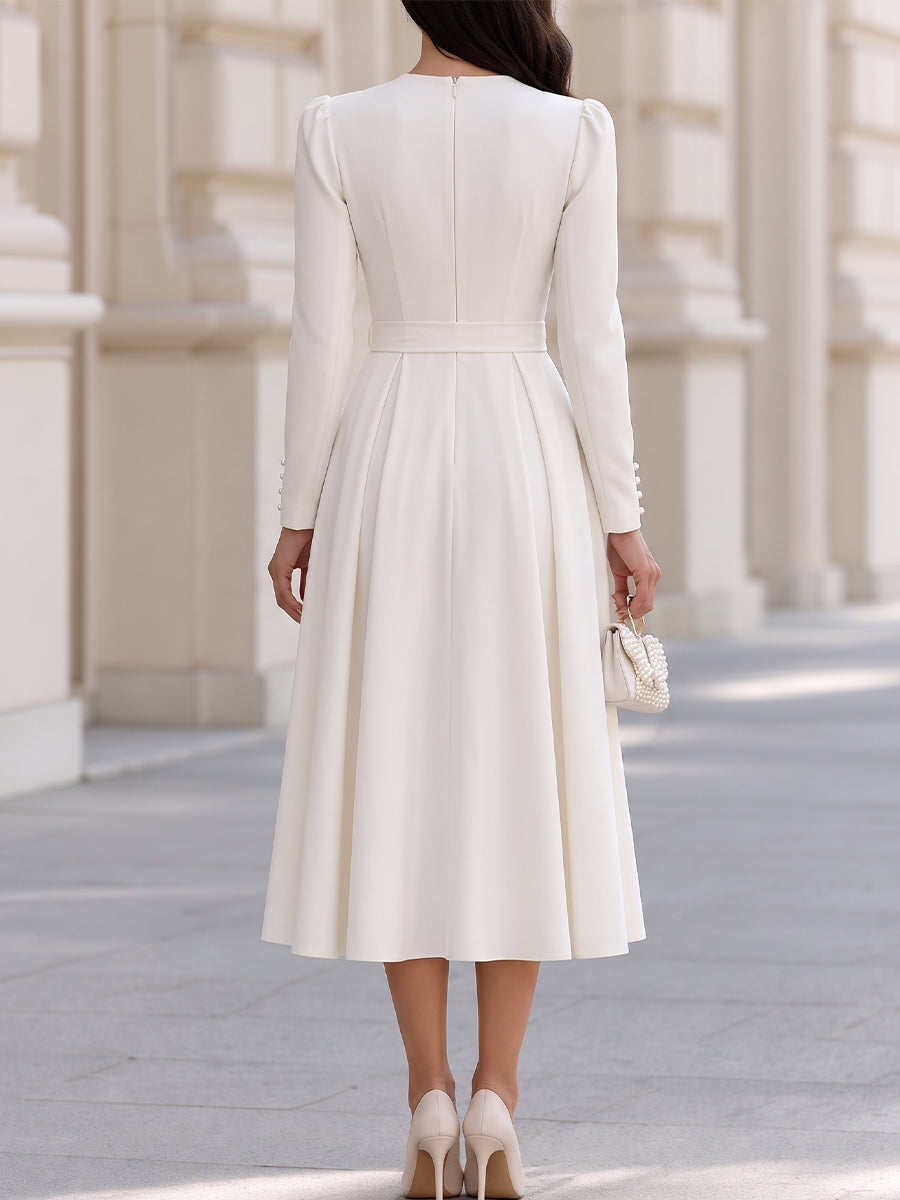 Pearl Button Belted Midi Dress with Long Sleeves