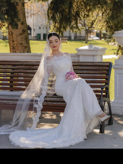 Off-Shoulder Lace Mermaid Wedding Dress with Long Sleeves