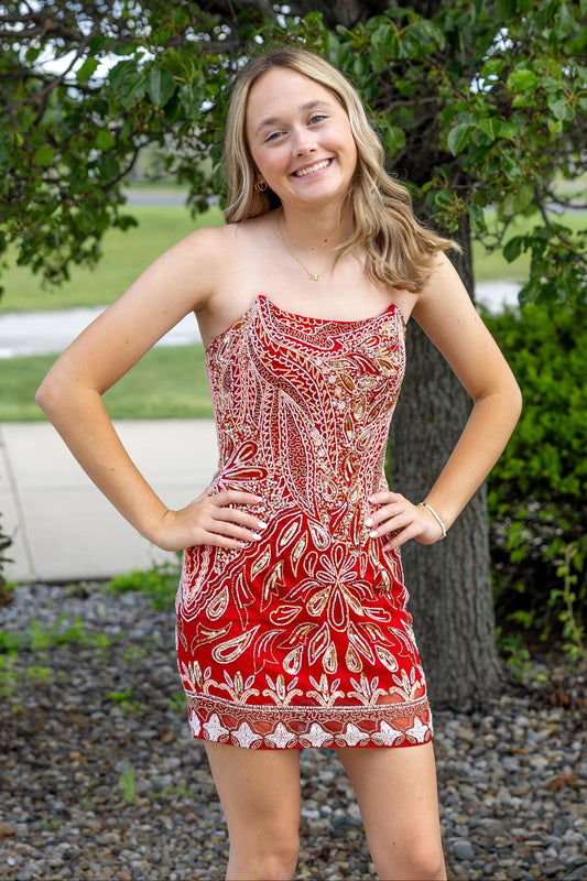 Strapless Beaded Corset Back Mini Dress