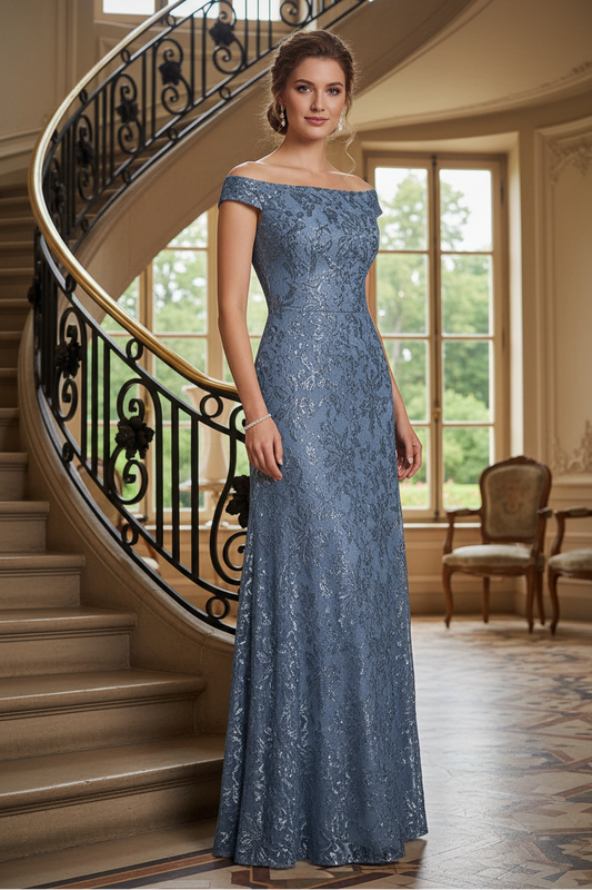 Off-Shoulder Metallic Lace A-Line Evening Gown