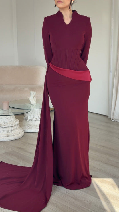 Corset Waist Long Sleeve Gown with Side Drape