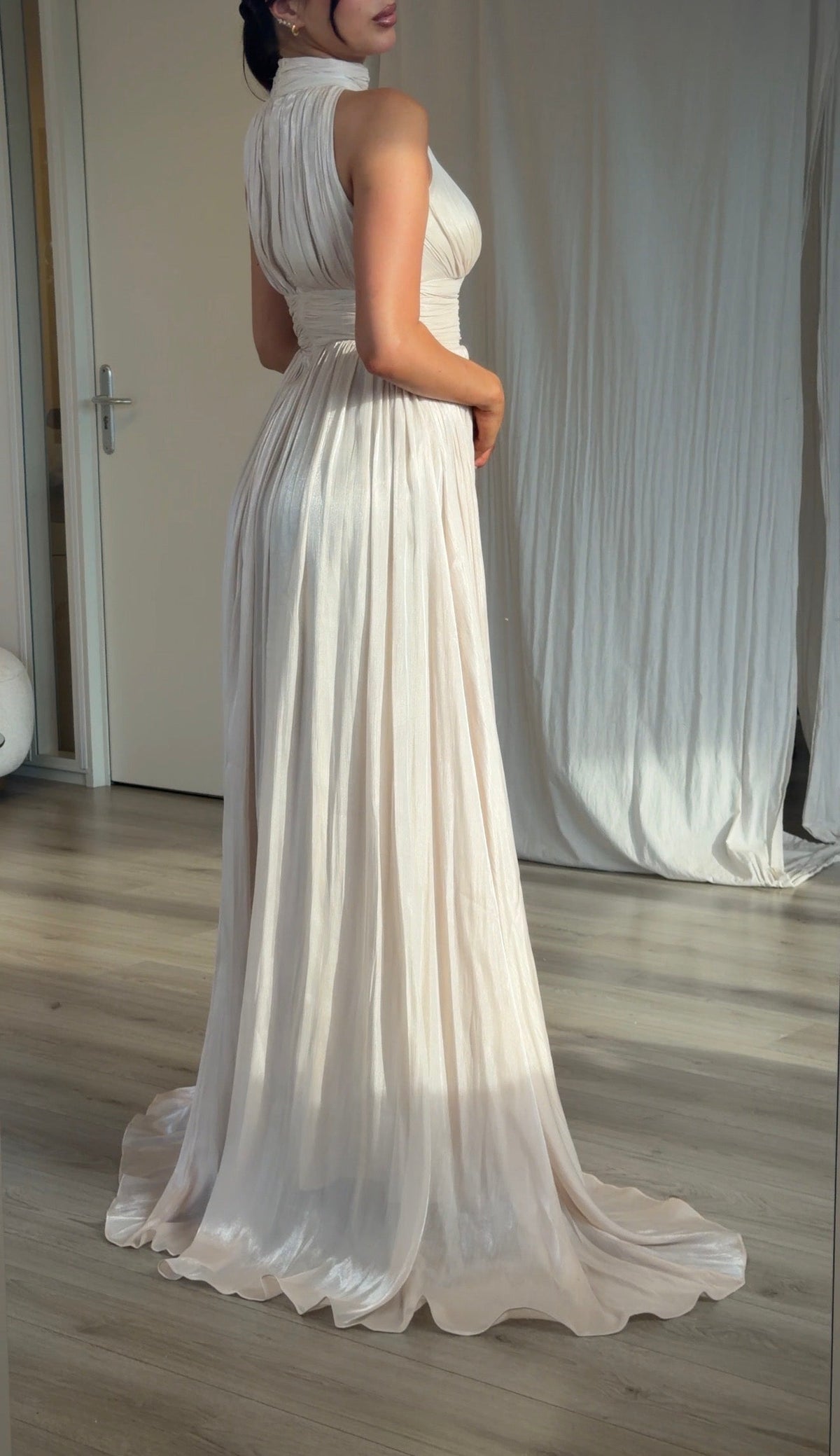 Pleated High-Neck Sleeveless A-Line Gown