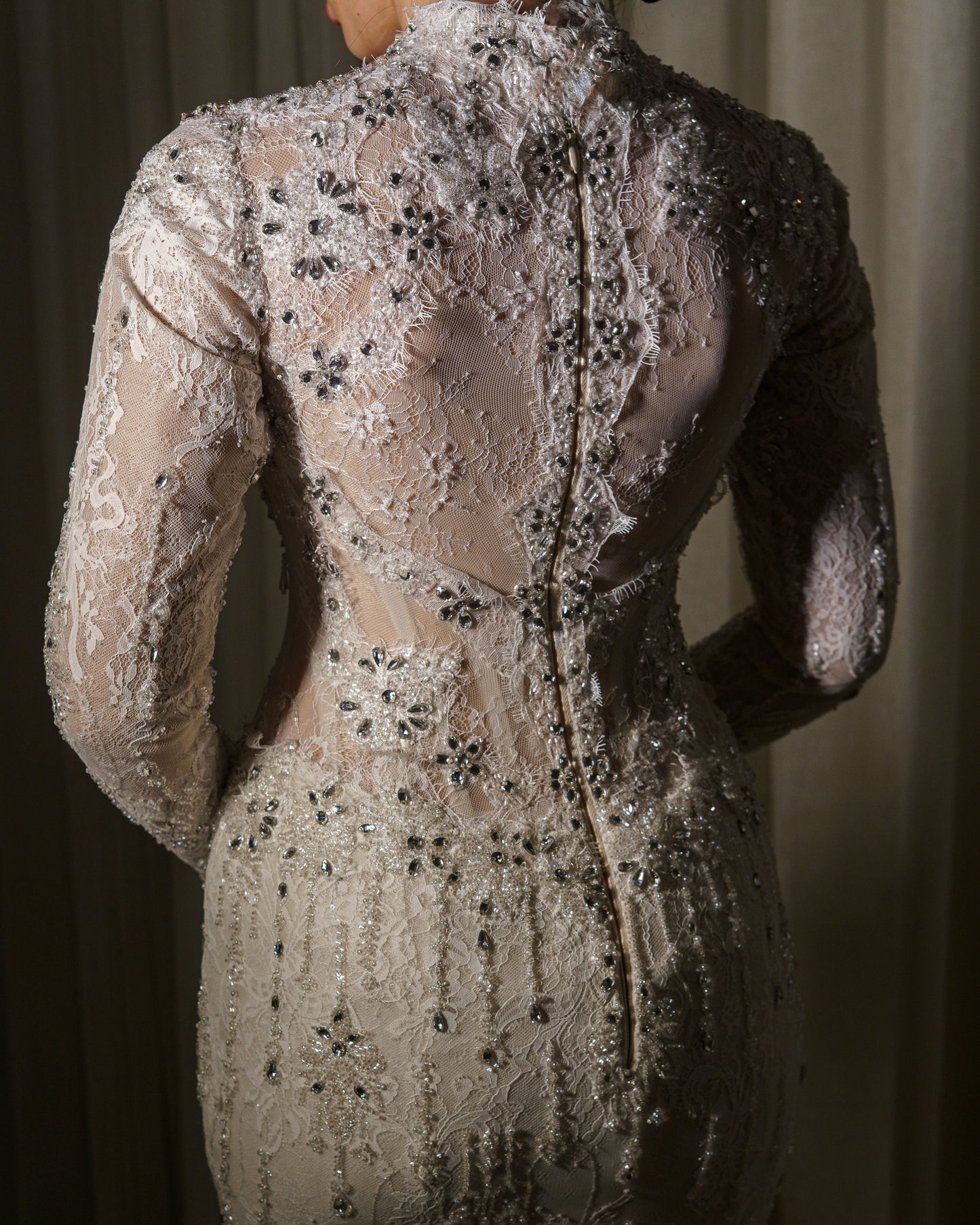 High Neck Long Sleeve Lace Wedding Dress with Overskirt