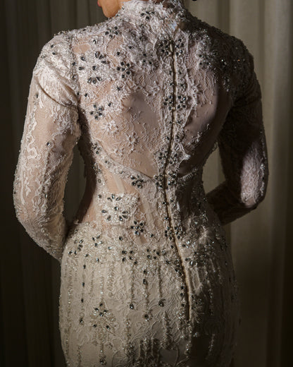 High Neck Long Sleeve Lace Wedding Dress with Overskirt