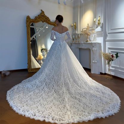 Off-Shoulder Lace Long Sleeve Ball Gown Wedding Dress