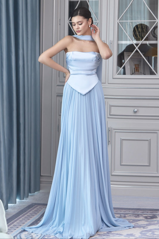 Pleated Chiffon Evening Gown with Drape
