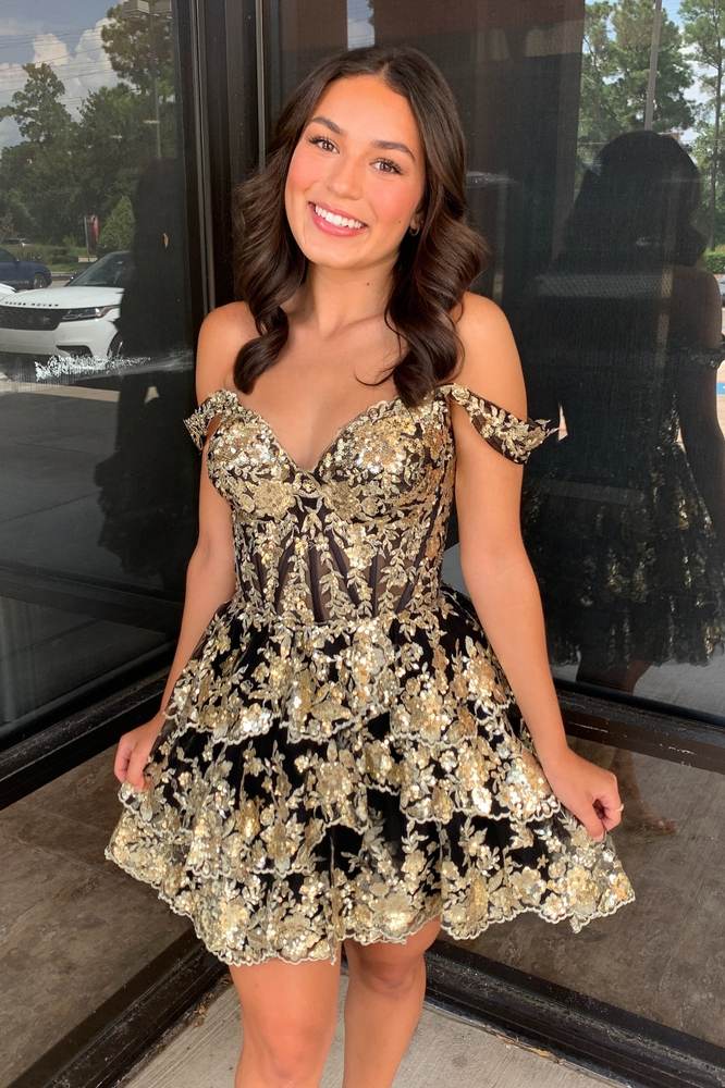 Off-The-Shoulder Corset Tiered Sequin Mini Dress