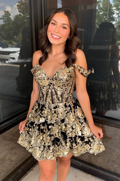 Off-The-Shoulder Corset Tiered Sequin Mini Dress
