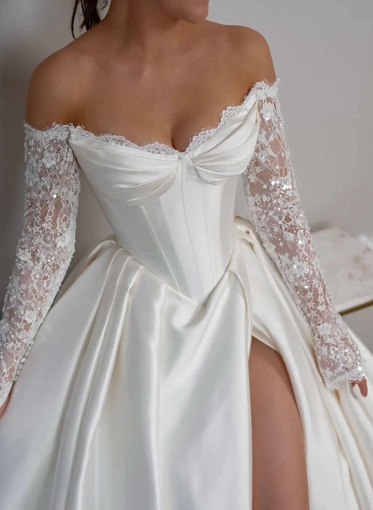 Off-the-Shoulder Satin Ball Gown with Lace Sleeves