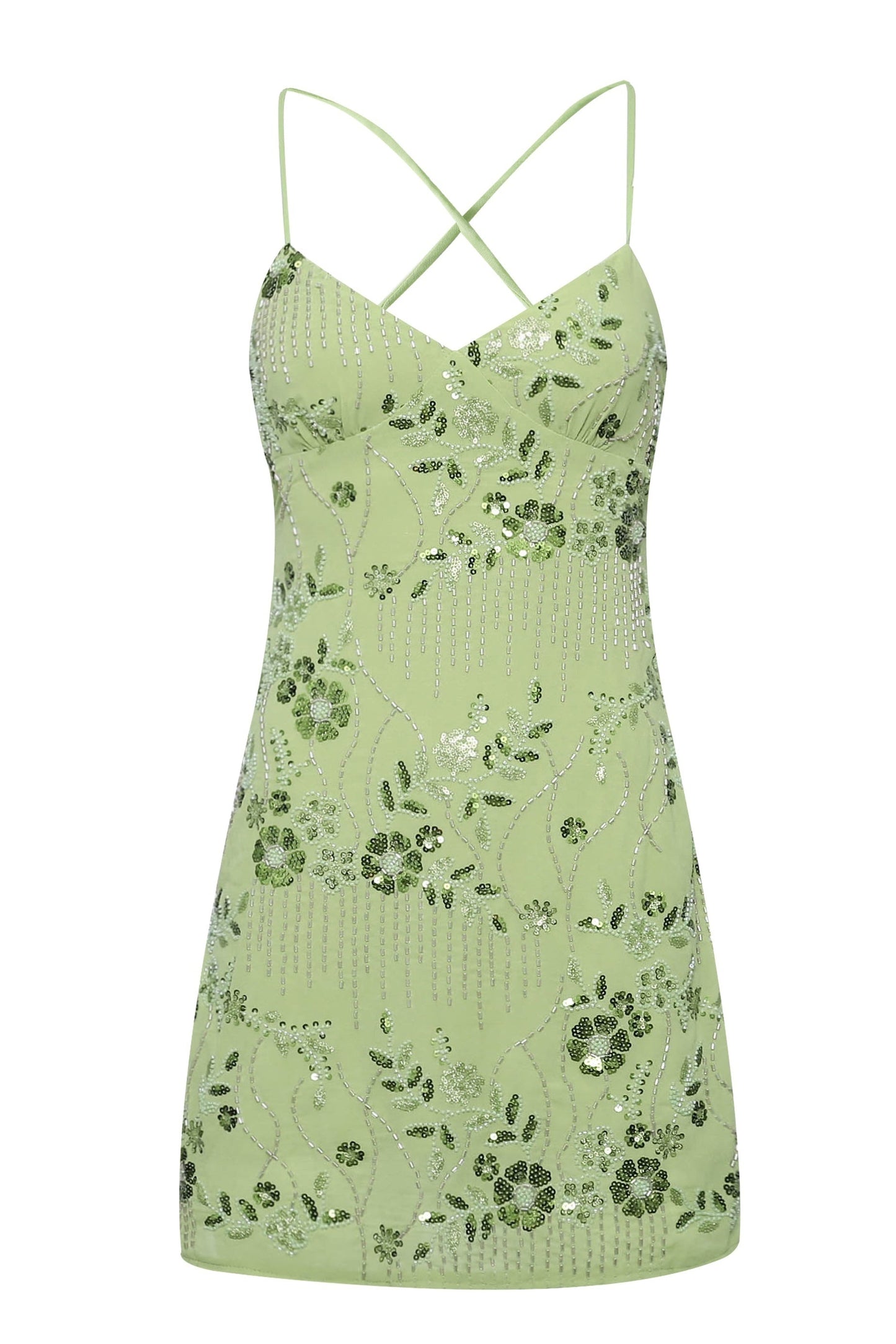 Sequined Floral Beaded Mini Dress with Lace-Up Back