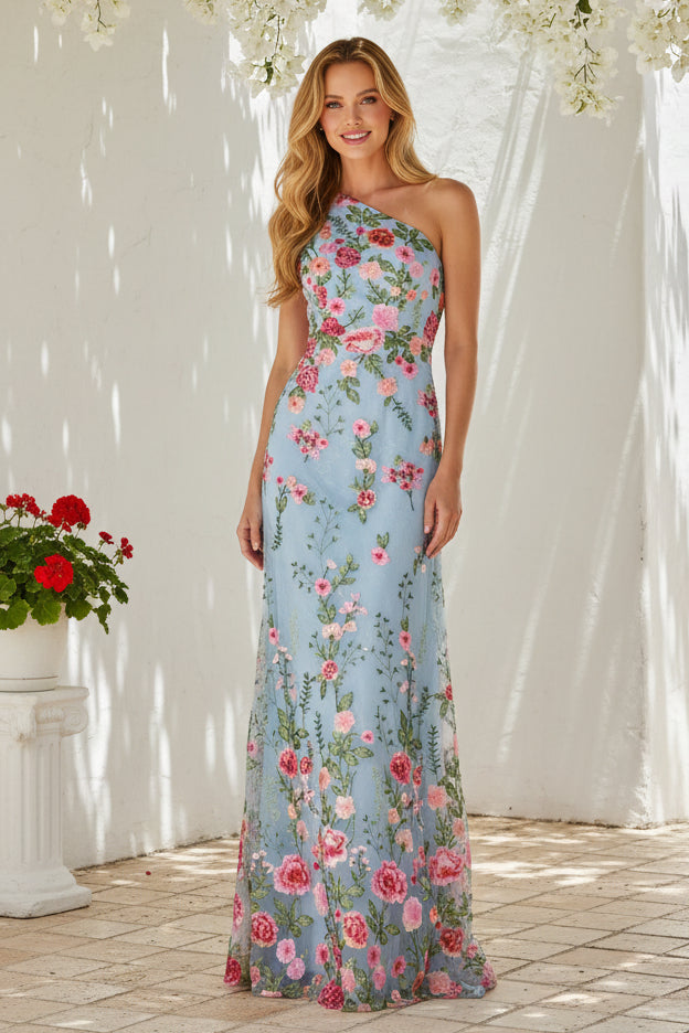 One-Shoulder Embroidered Floral Column Gown