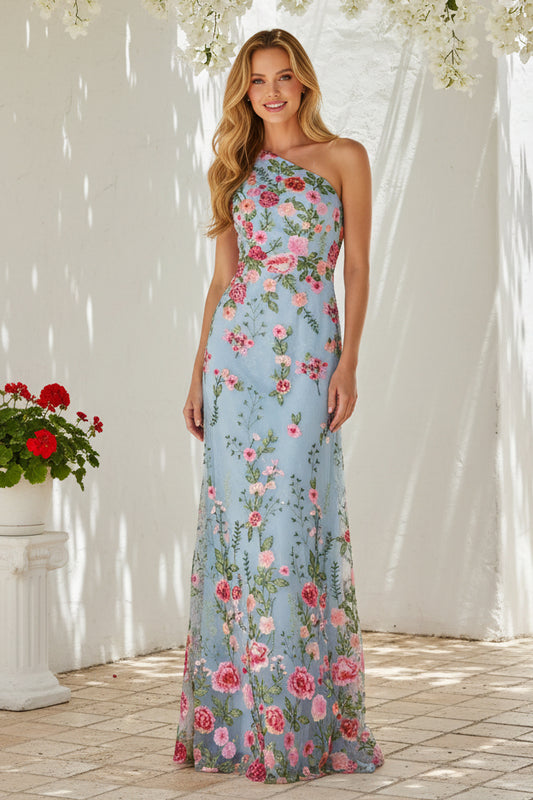One-Shoulder Embroidered Floral Column Gown