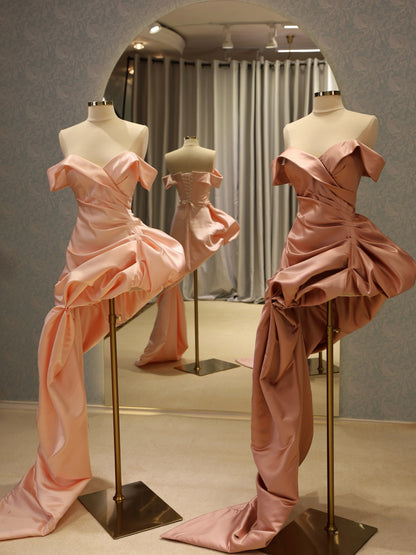 Asymmetric Draped Satin Evening Gown with Train