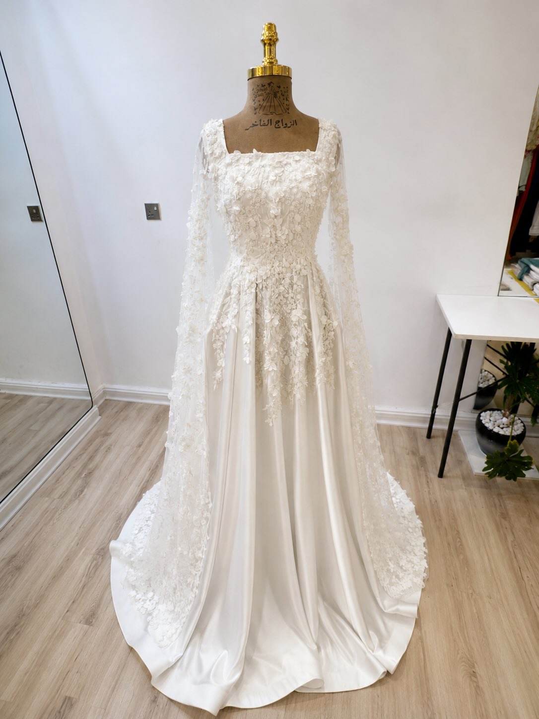 Square Neck A-Line Satin Wedding Dress with Cape Sleeves