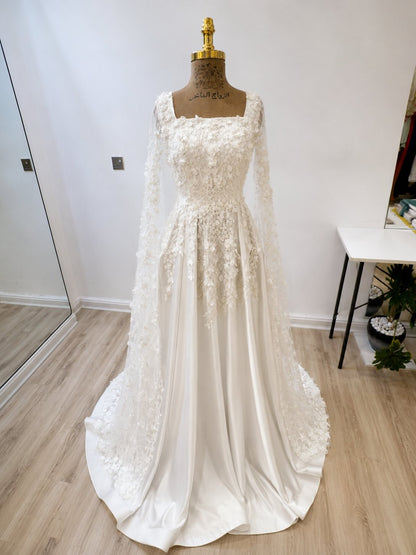 Square Neck A-Line Satin Wedding Dress with Cape Sleeves