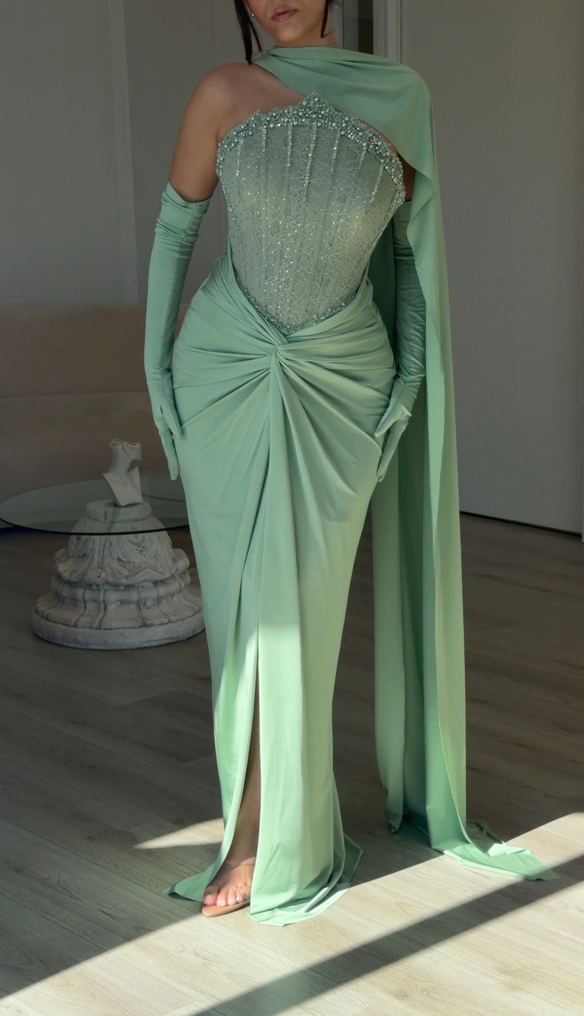 Corset Evening Gown with One-Shoulder Cape