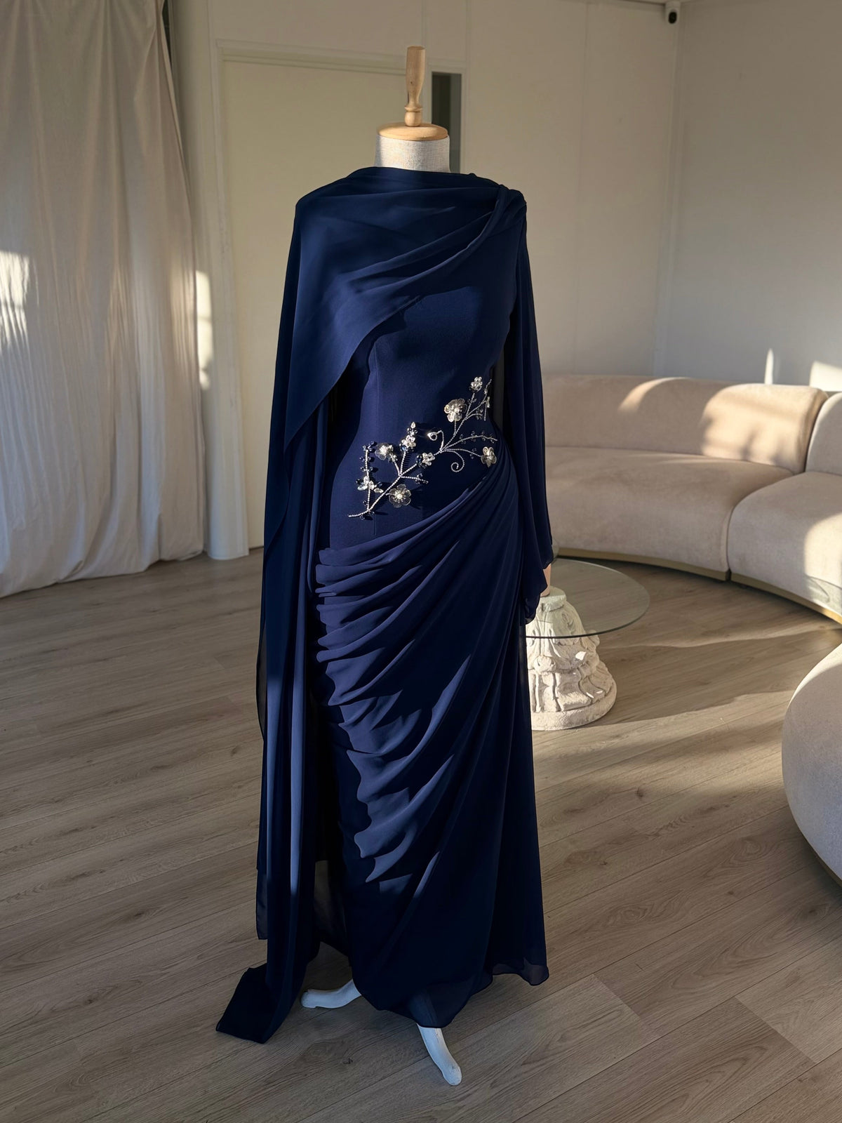 Draped Cape Sleeve Gown with Beaded Waist Detail