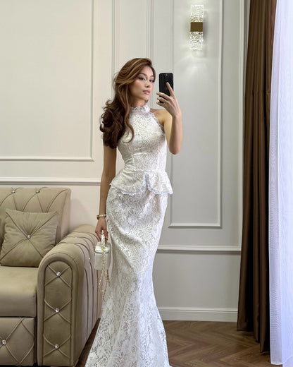 Halter High Neck Peplum Lace Mermaid Maxi Dress