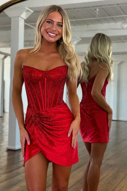 Strapless Crystal Corset Wrap Mini Dress