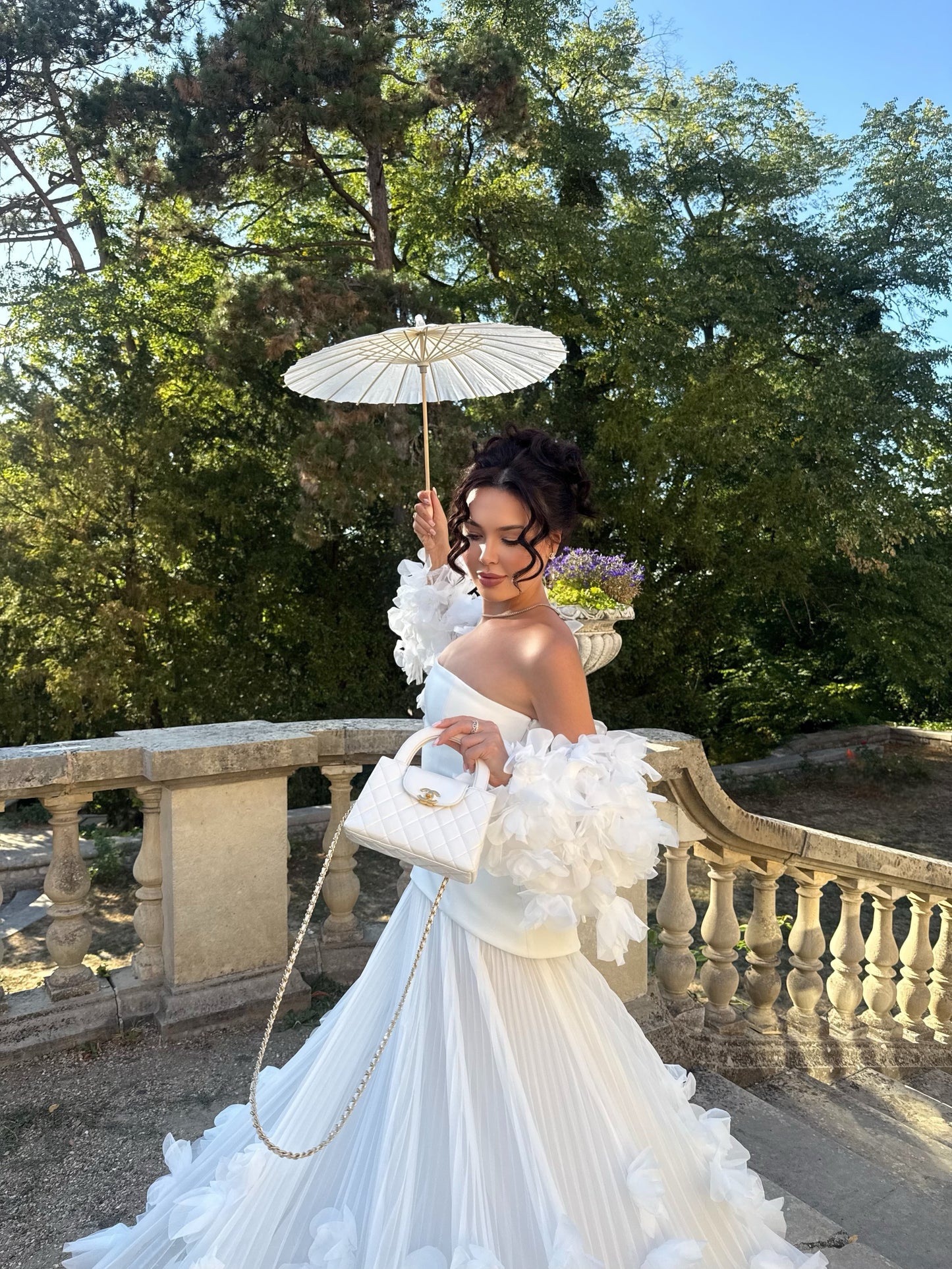 Strapless Pleated Evening Gown with 3D Florals