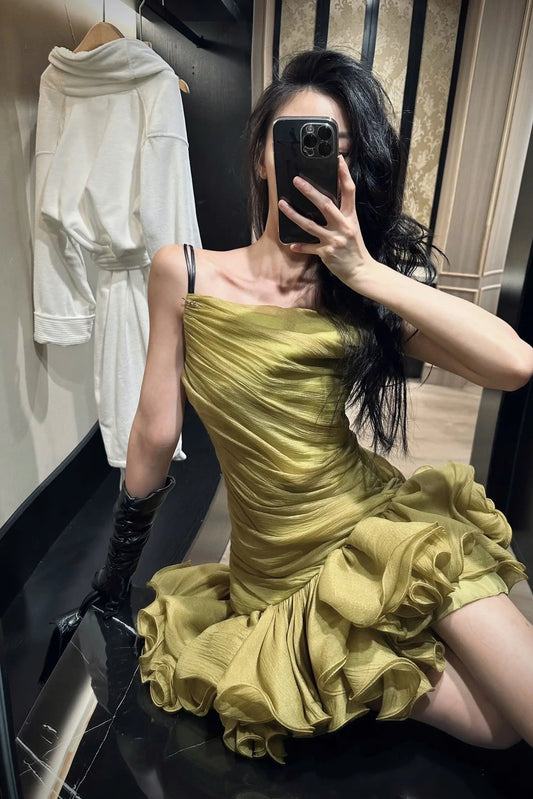 Ruched Spaghetti Strap Mini Dress with Ruffled Skirt