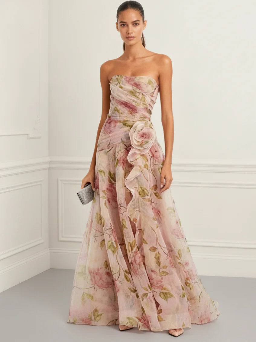 Strapless Floral Chiffon A-Line Gown