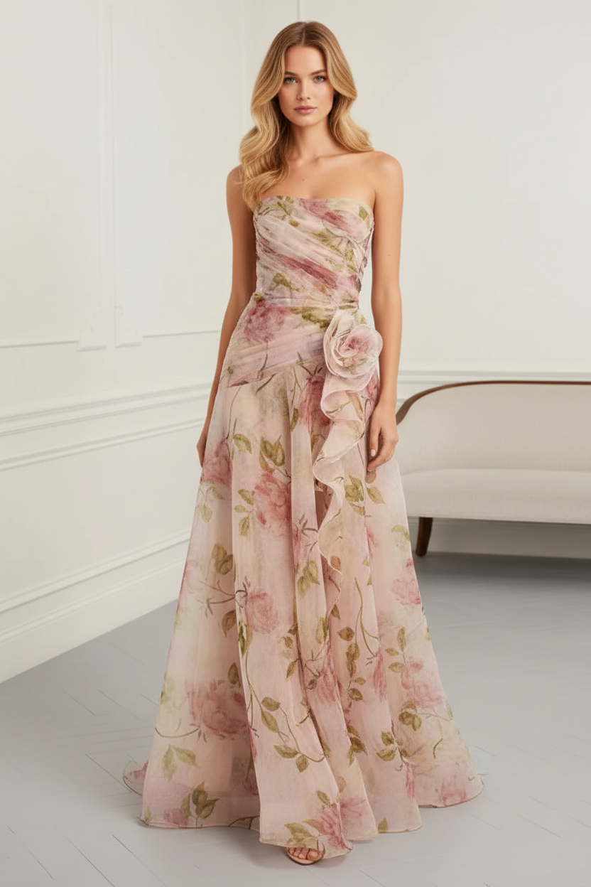 Strapless Floral Chiffon A-Line Gown
