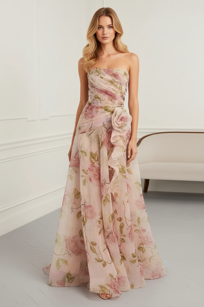 Strapless Floral Chiffon A-Line Gown