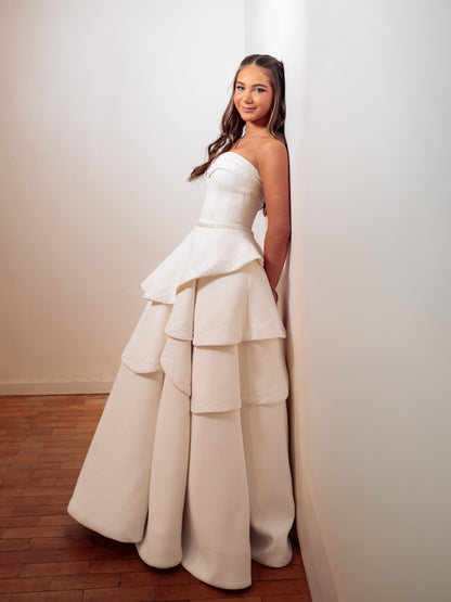 Strapless Tiered Ball Gown with Beaded Details