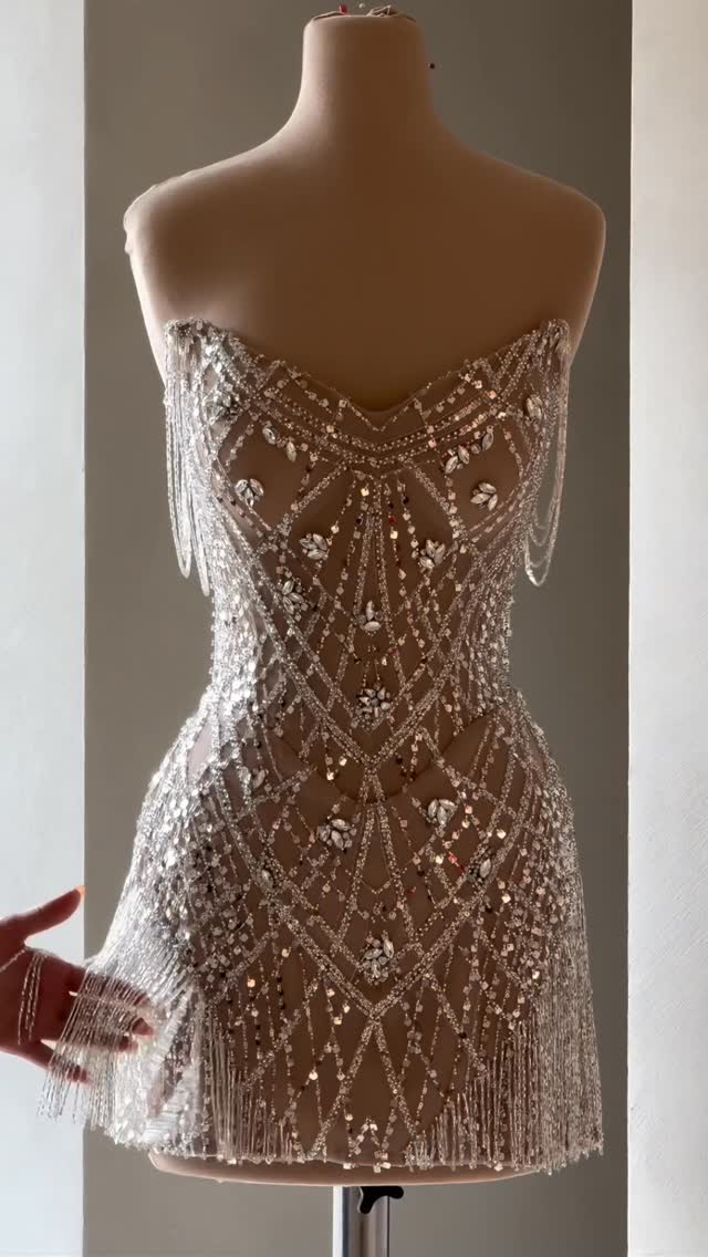 Strapless Crystal Beaded Fringe Mini Cocktail Dress