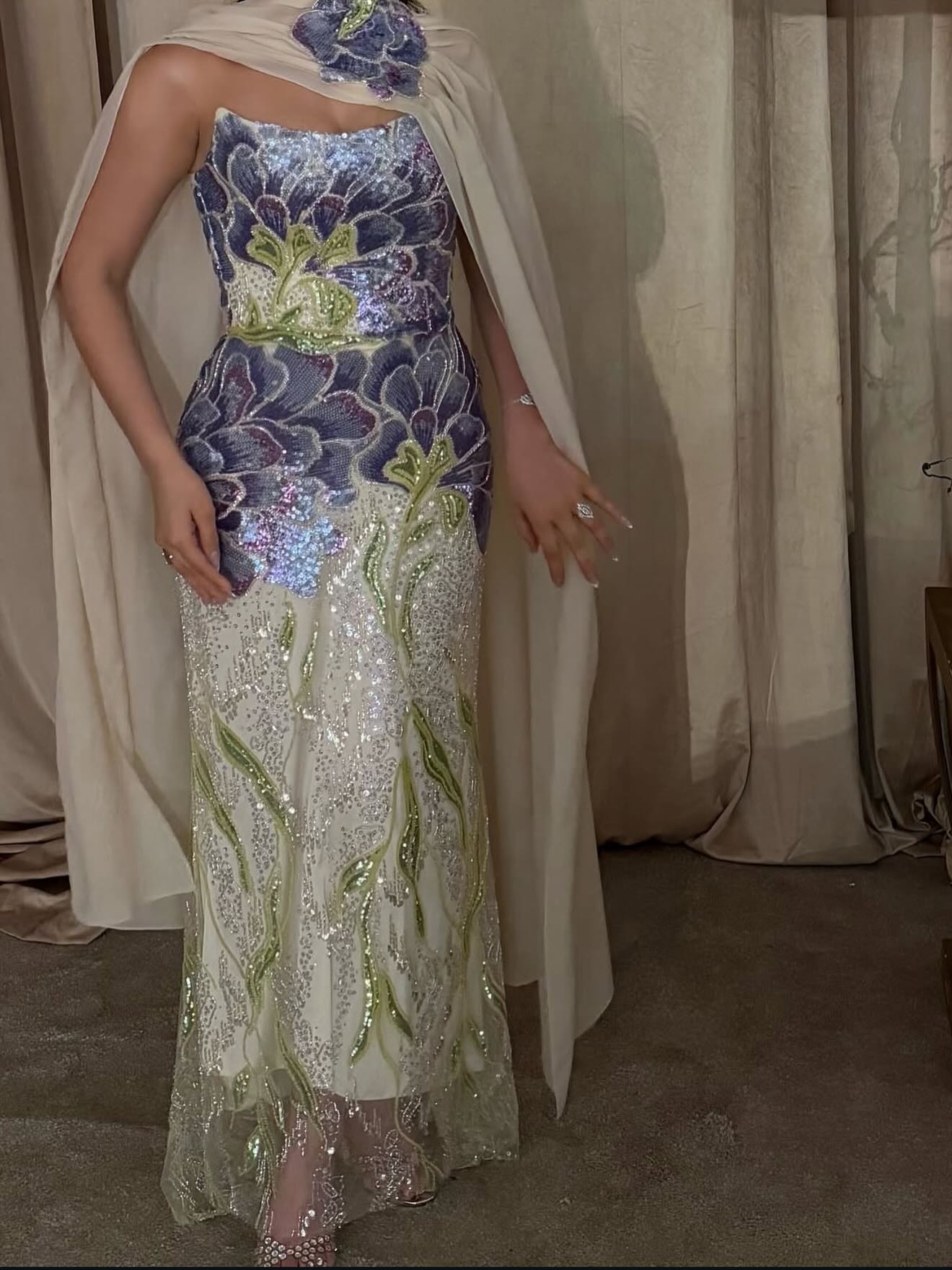 Strapless Sequined Floral Column Gown with Shawl